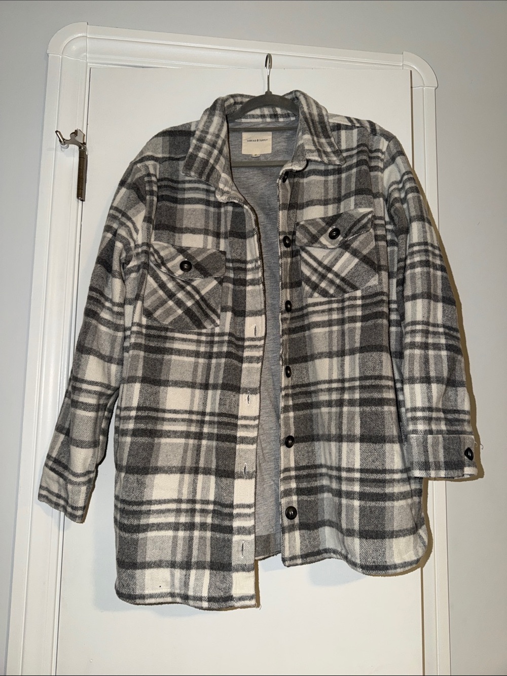 Wool-Blend Gray Plaid Shacket Jacket